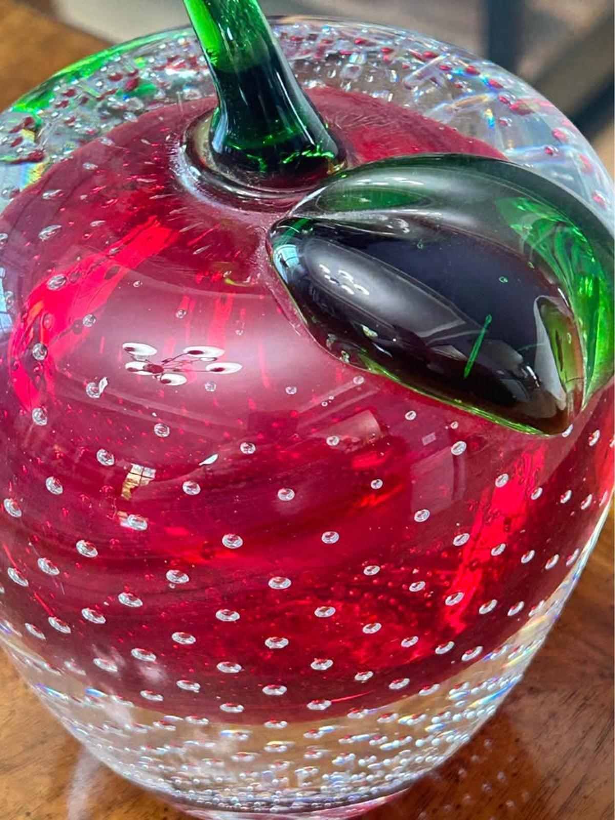 Vintage Murano Style Red Bullicante Art Glass Apple Paperweight