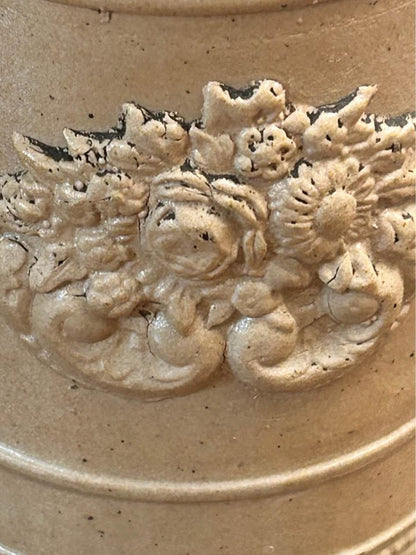 Antique German Stoneware Stein with Pewter Lid, Painted Marcobrunner Rheingau Vineyard Scene Insert