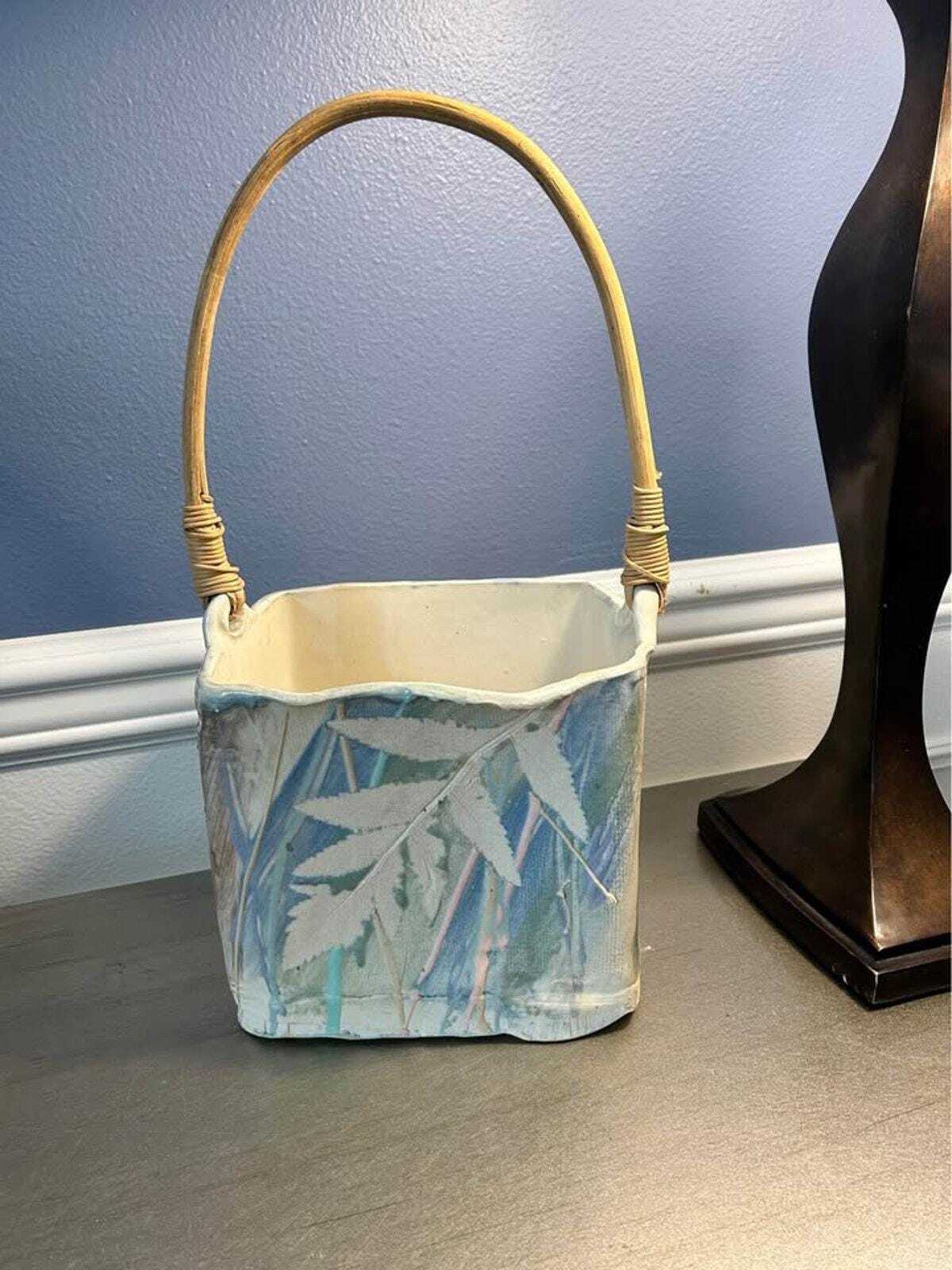 Hannegan Studio Art Pottery Square Basket with Bentwood Handle