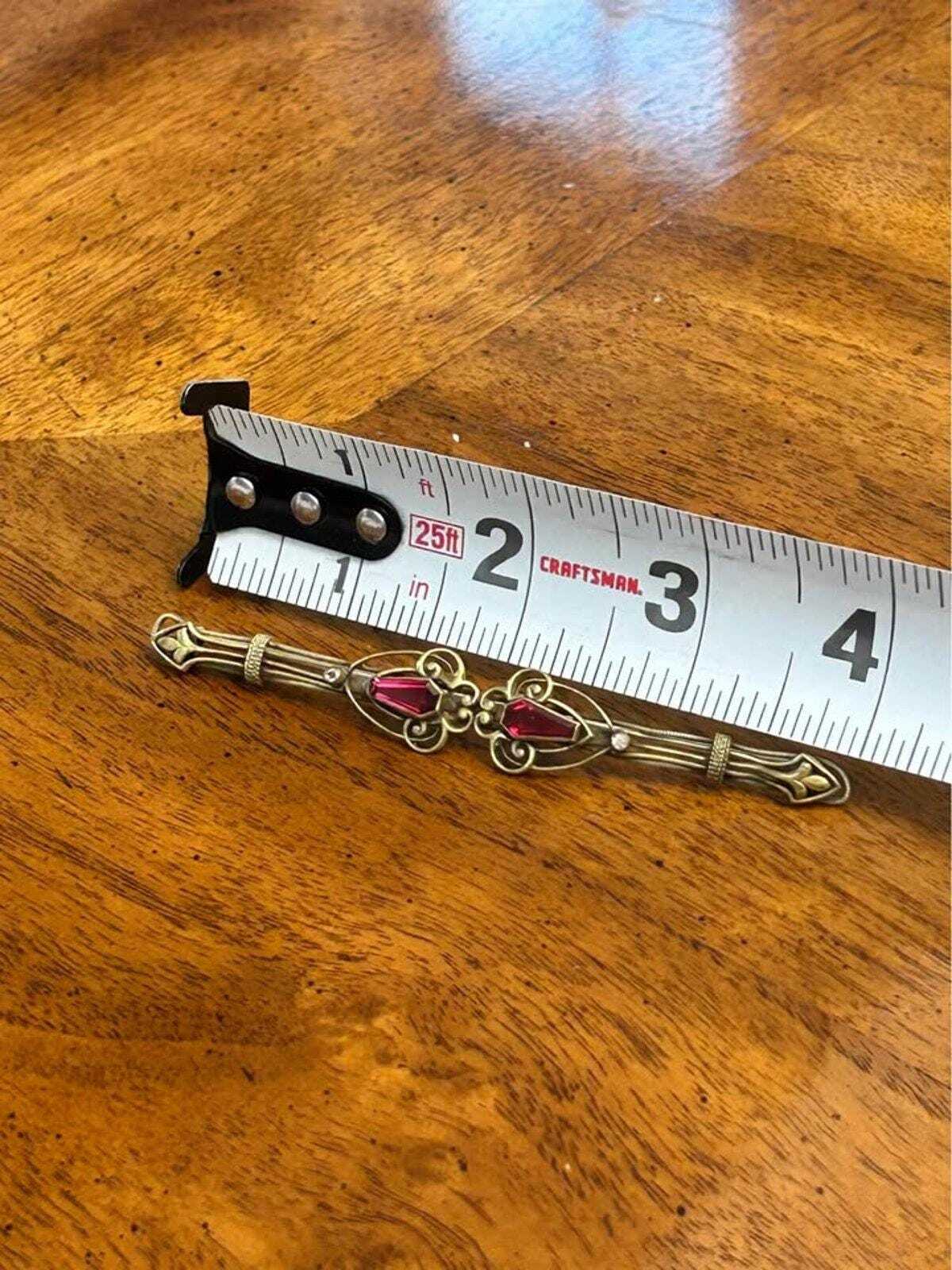Antique Edwardian Gold Filled Wirework Bar Brooch with Red Coffin Cut Paste Stones