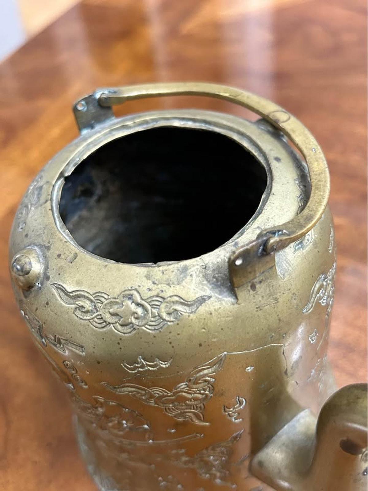 Vintage Engraved Asian Brass Teapot with Taoist Immortal and Xuanwu Tortoise Finial