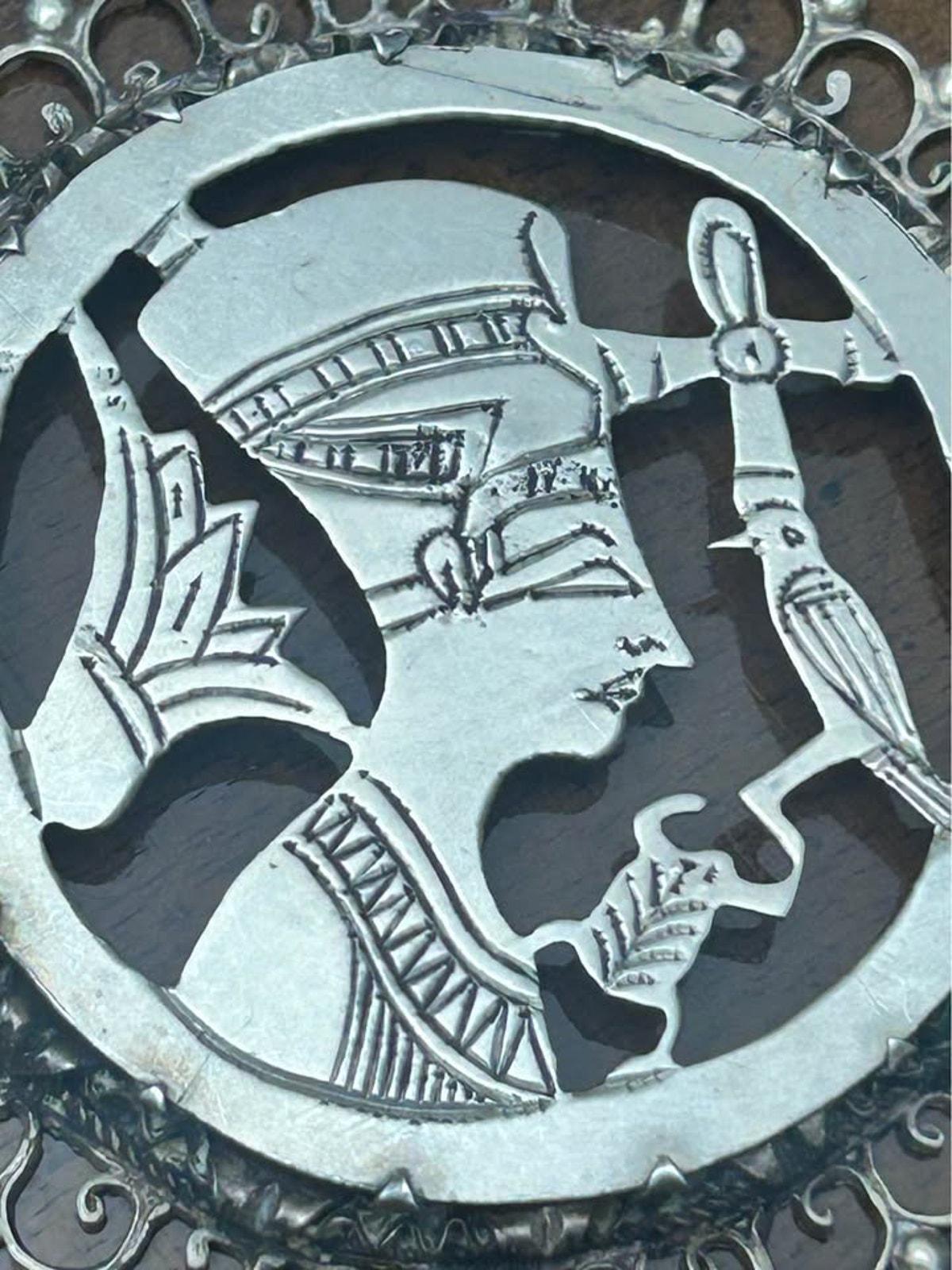 Vintage Egyptian Revival Sterling Silver Nefertiti Pendant Large Cut Out Medallion