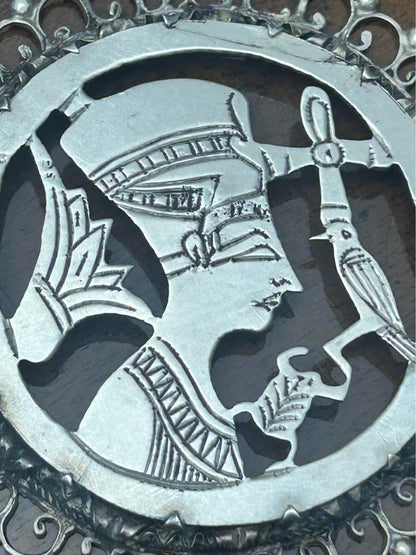 Vintage Egyptian Revival Sterling Silver Nefertiti Pendant Large Cut Out Medallion