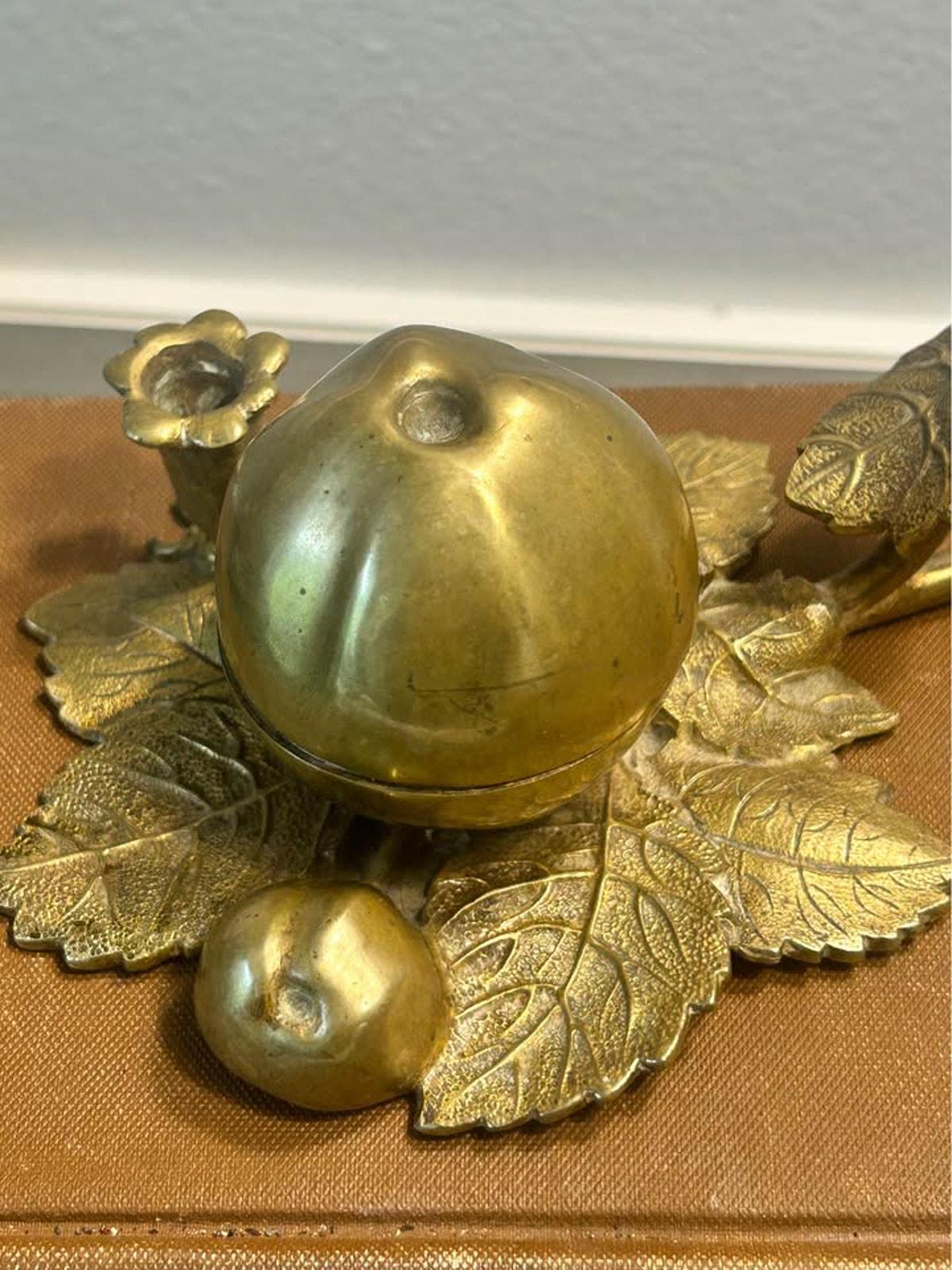 Antique Cast Brass Pomegranate Inkwell & Taper Candle Holder on Detailed Leaf Base