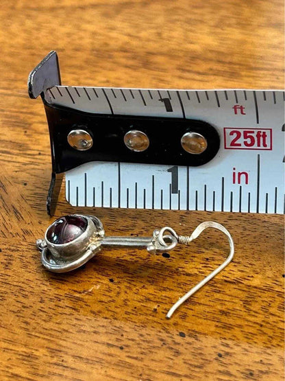Vintage Artisan Modernist 925 Sterling Silver & Garnet Pendulum Drop Earrings