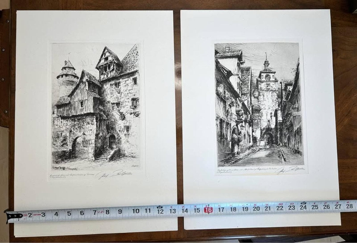 Antique Paul Geissler Original Pencil Signed Architectural Etchings Rothenburg and Nuremberg Pair