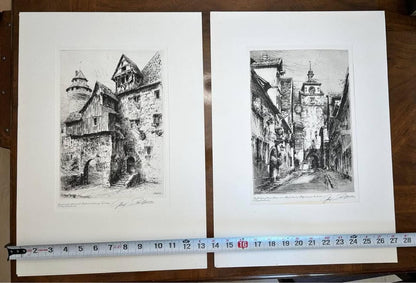 Antique Paul Geissler Original Pencil Signed Architectural Etchings Rothenburg and Nuremberg Pair