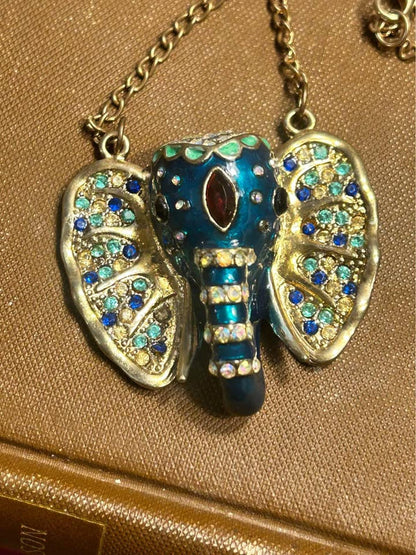 Vintage Betsey Johnson Blue Enamel Elephant Pendant Necklace