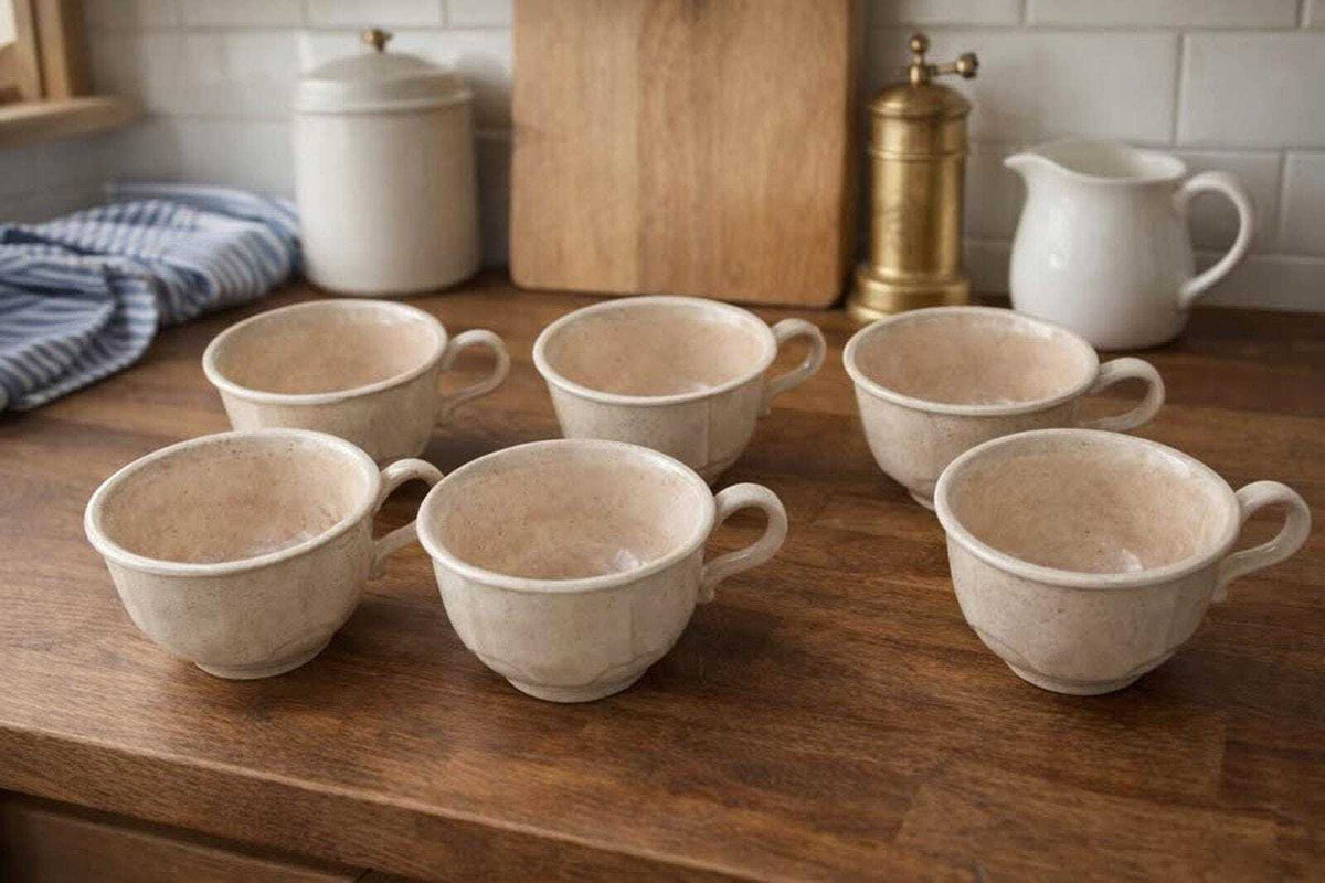 Vintage Studio Pottery Mugs – Set of 6 Speckled Stoneware Coffee Cups (1982)