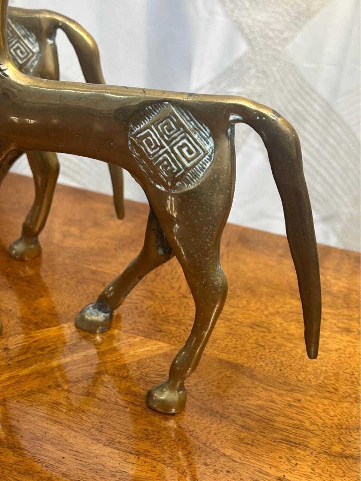 Vintage Mid-Century Brass Greek Geometric Horse Figurines | Etruscan Revival Sculptures | Frederick