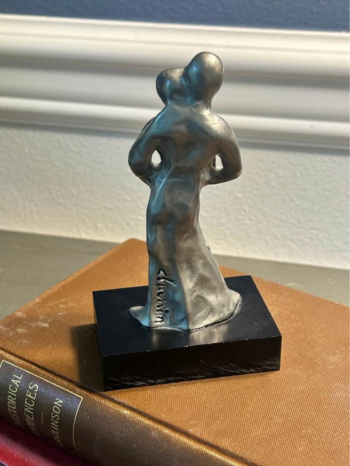 L. Chanin Abstract Pewter Couple Sculpture | Modernist Lovers Statue, Black Stone Base
