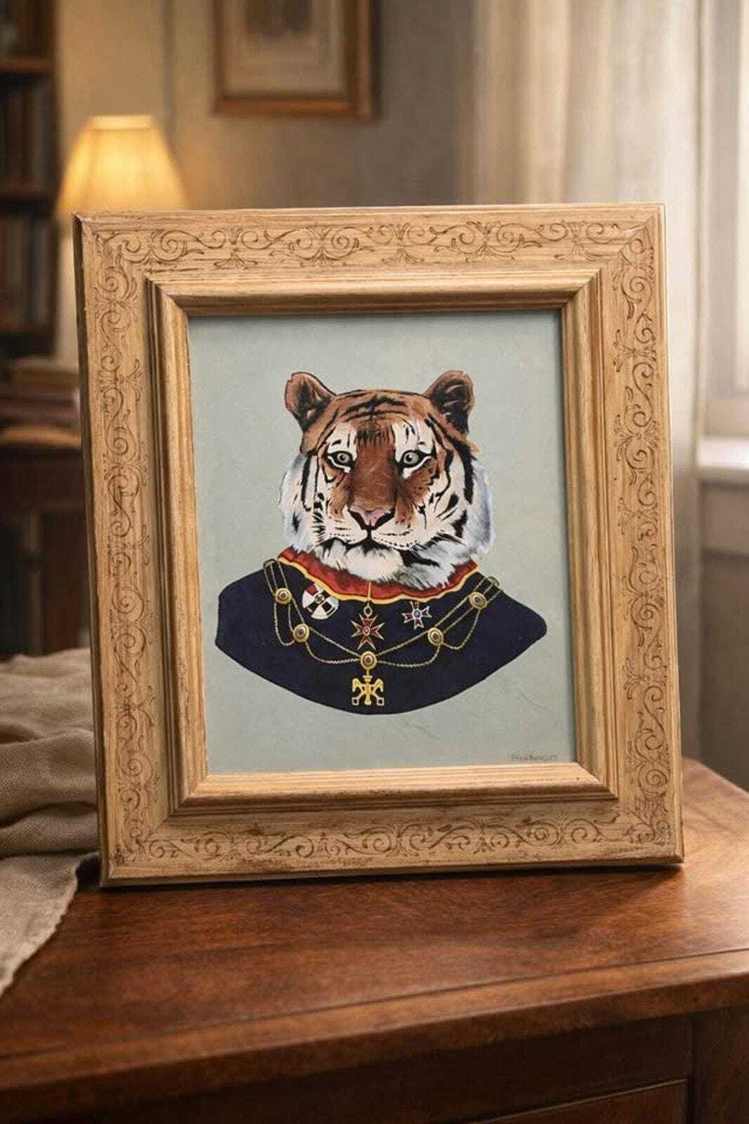 Ryan Berkley Signed Tiger Portrait, Framed Anthropomorphic Animal Art