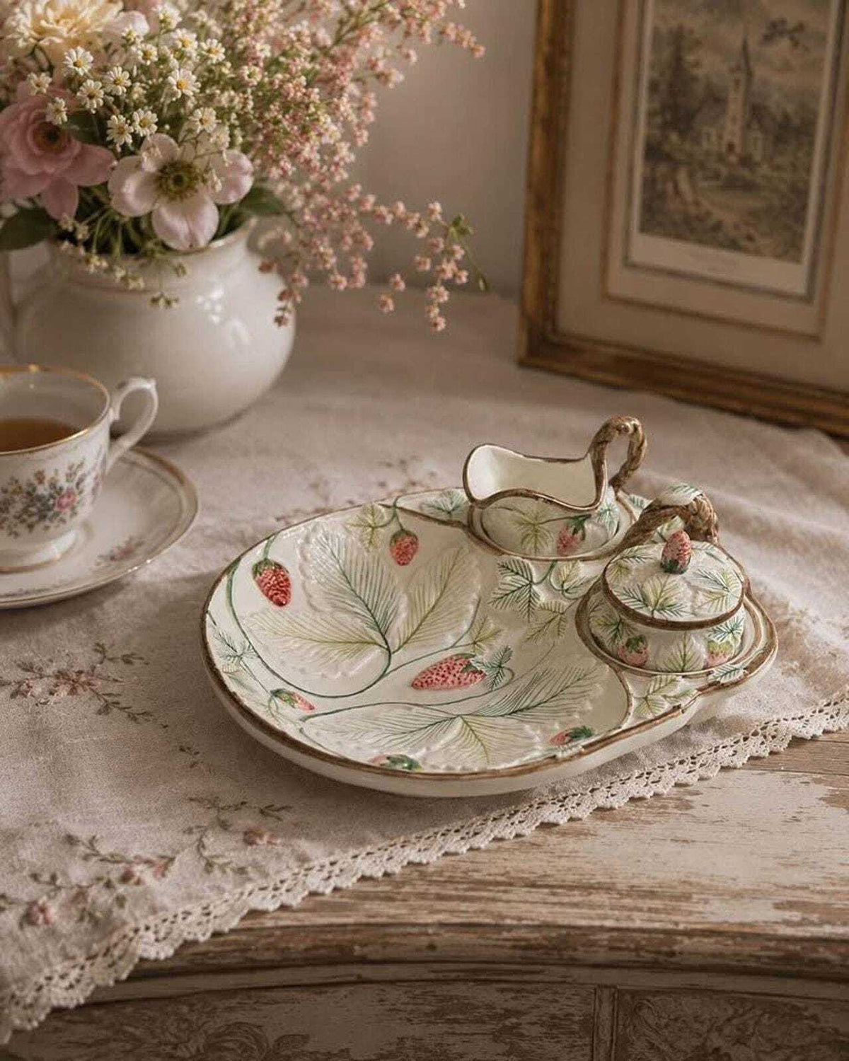 Vintage A.Z. Nove for Tiffany & Co. Majolica Strawberry Cabaret Set
