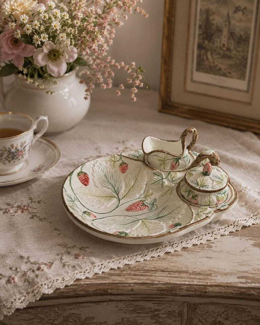 Vintage A.Z. Nove for Tiffany & Co. Majolica Strawberry Cabaret Set
