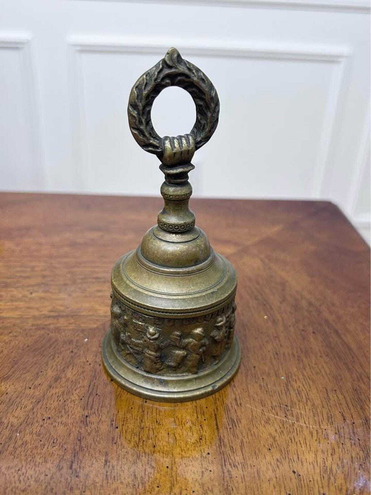 Vintage Cast Brass Tavern Scene Hand Bell with Wreath Handle