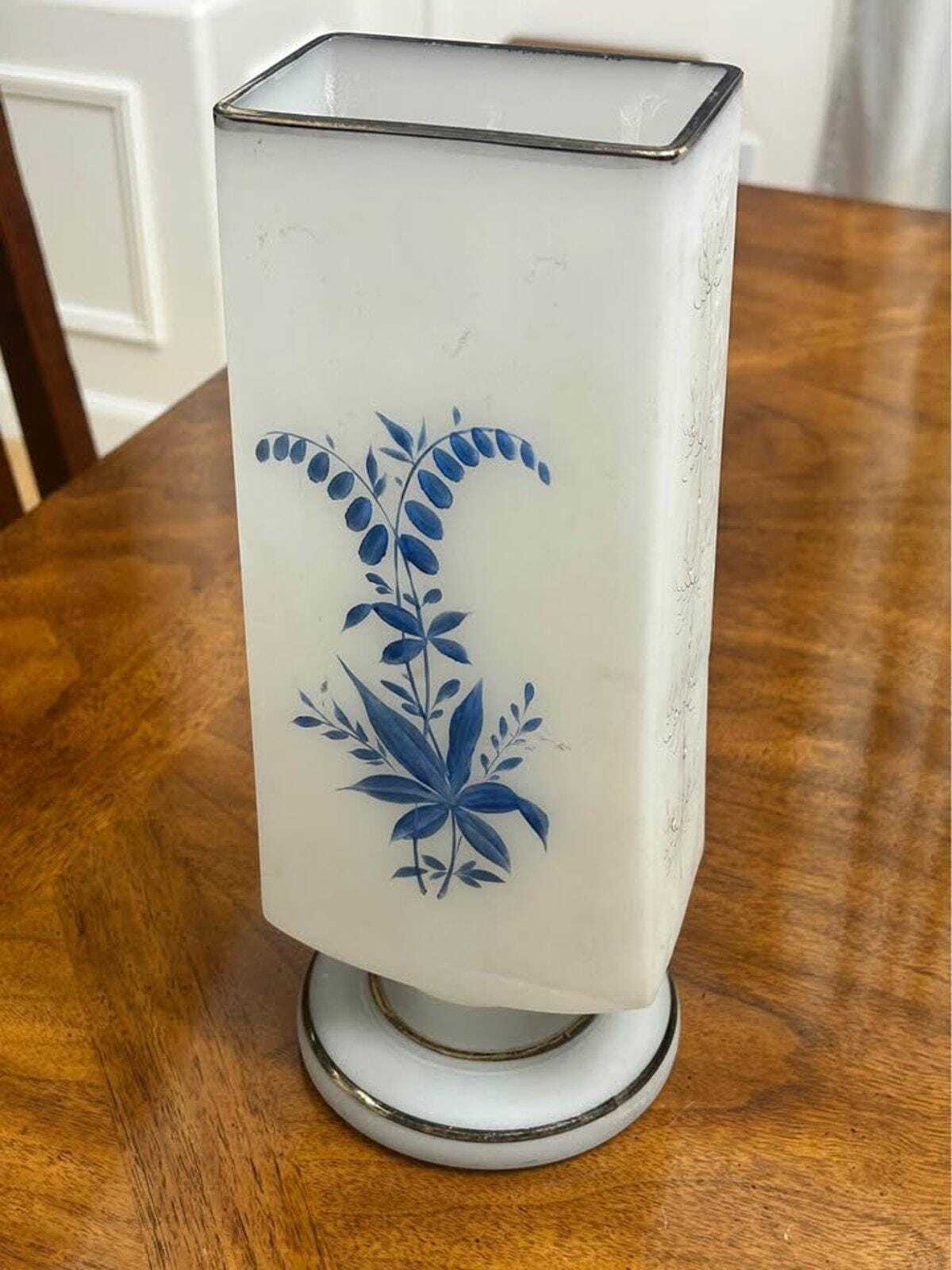 Antique Bohemian Frosted Art Glass Vase Enamel Floral and Bee Motif
