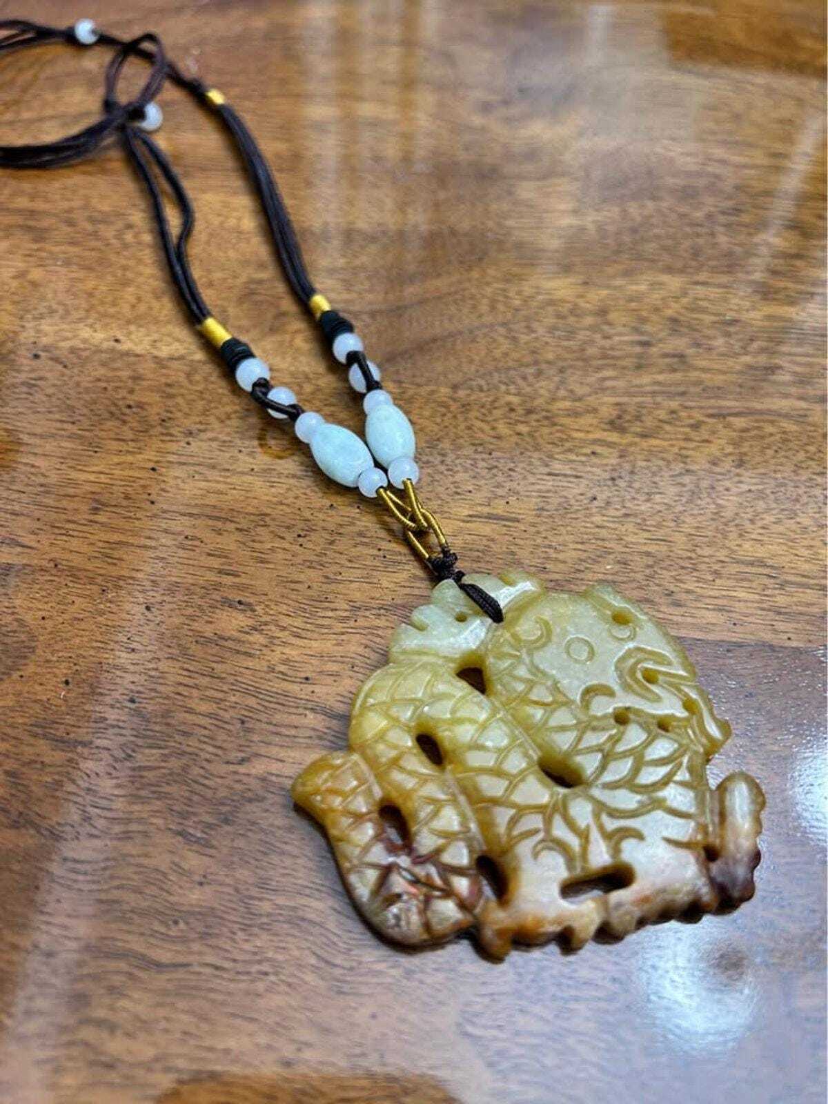 Vintage Carved Yellow and Russet Jadeite Dragon Fish Pendant Necklace