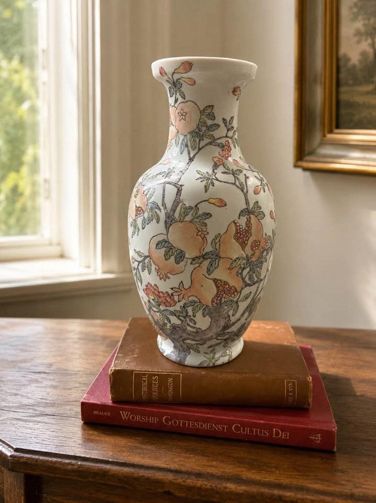 Vintage Chinese Porcelain Famille Rose Pomegranate Vase Celadon Ground Apocryphal Qianlong Mark