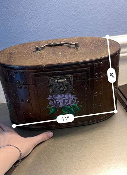Vintage Dale Tiffany Hand-Painted Hydrangea Jewelry Trunk – Oval Keepsake Chest – Designer Toleware Style Floral Storage