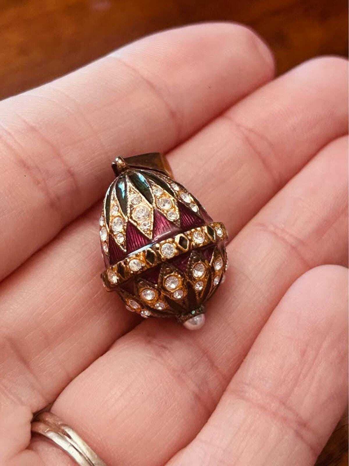 Vintage Fabergé Style Purple Enamel Egg Pendant with Rhinestone Accents