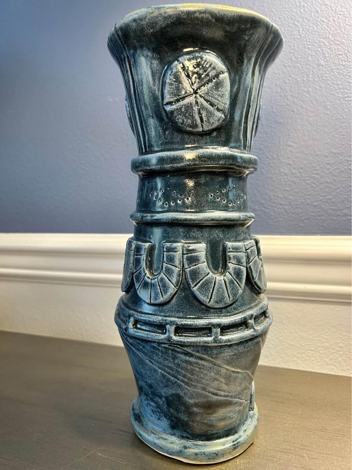 Artisan Indigo Blue Sand Dollar Pottery Vase - 11.5" Tall Coastal Stoneware