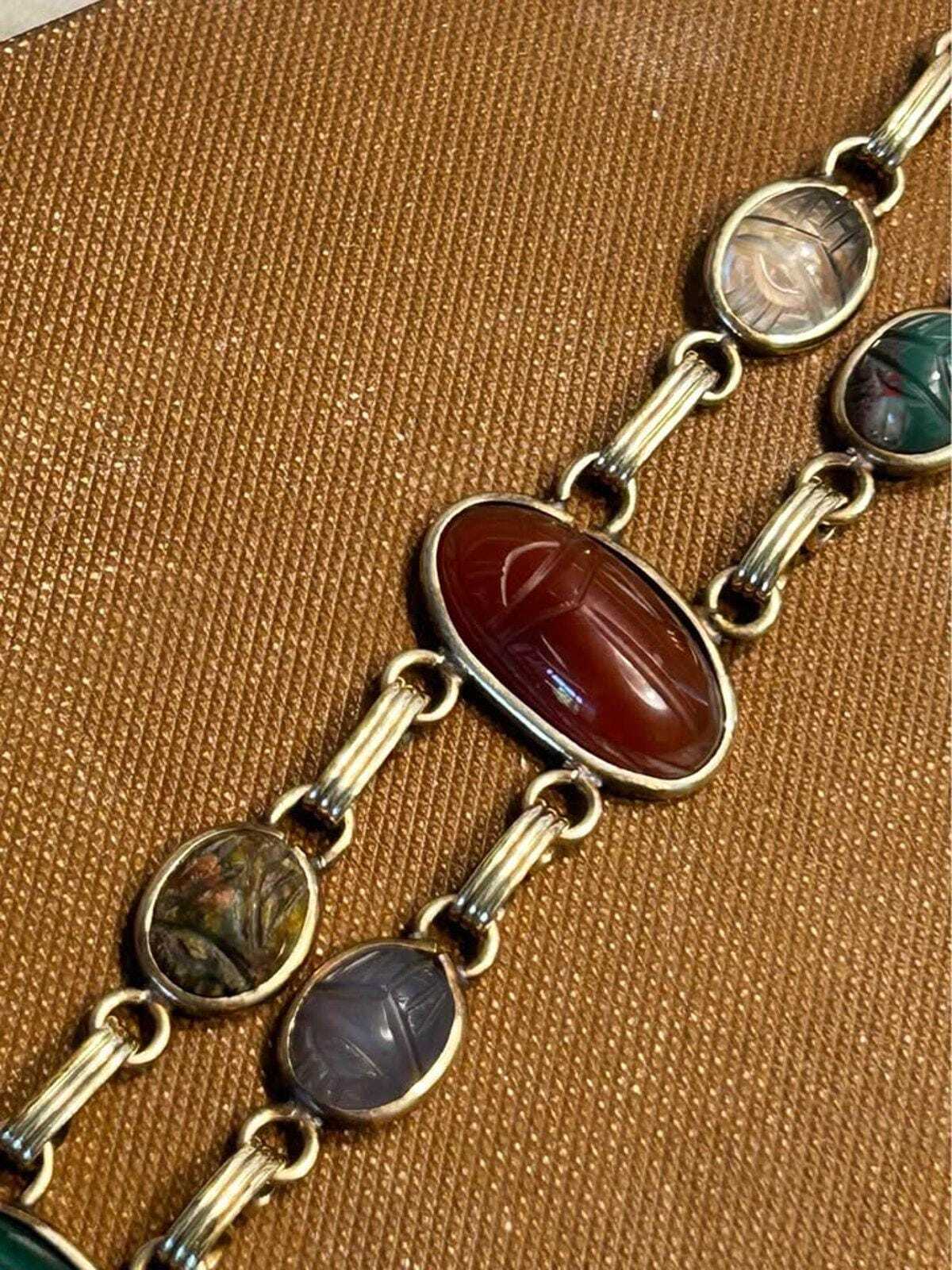 Vintage 12k Gold Filled Double Link Scarab Bracelet - Multi-Gemstone Egyptian with Safety Chain