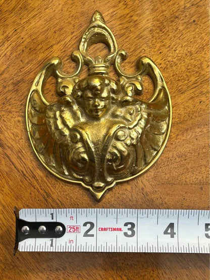 Vintage Cast Brass Cherub Match Holder Wall Pocket, Ornate Baroque Catchall