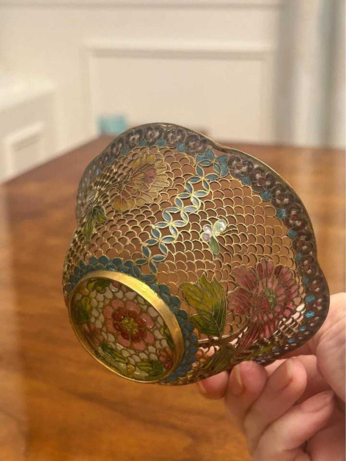 Vintage Plique-à-Jour Translucent Enamel Floral Bowl Scalloped Edge