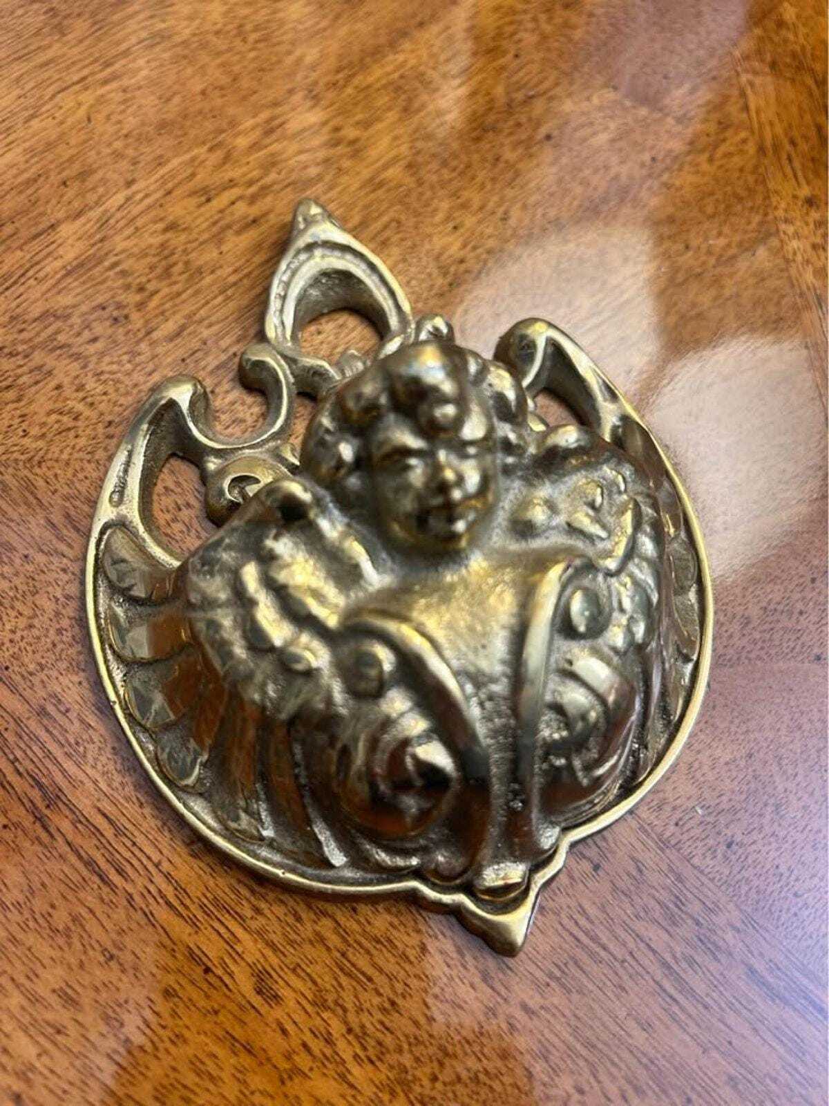 Vintage Cast Brass Cherub Match Holder Wall Pocket, Ornate Baroque Catchall