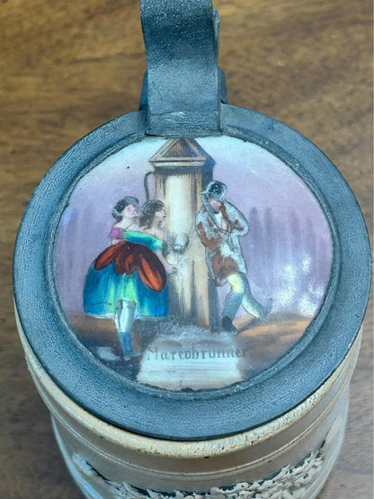 Antique German Stoneware Stein with Pewter Lid, Painted Marcobrunner Rheingau Vineyard Scene Insert