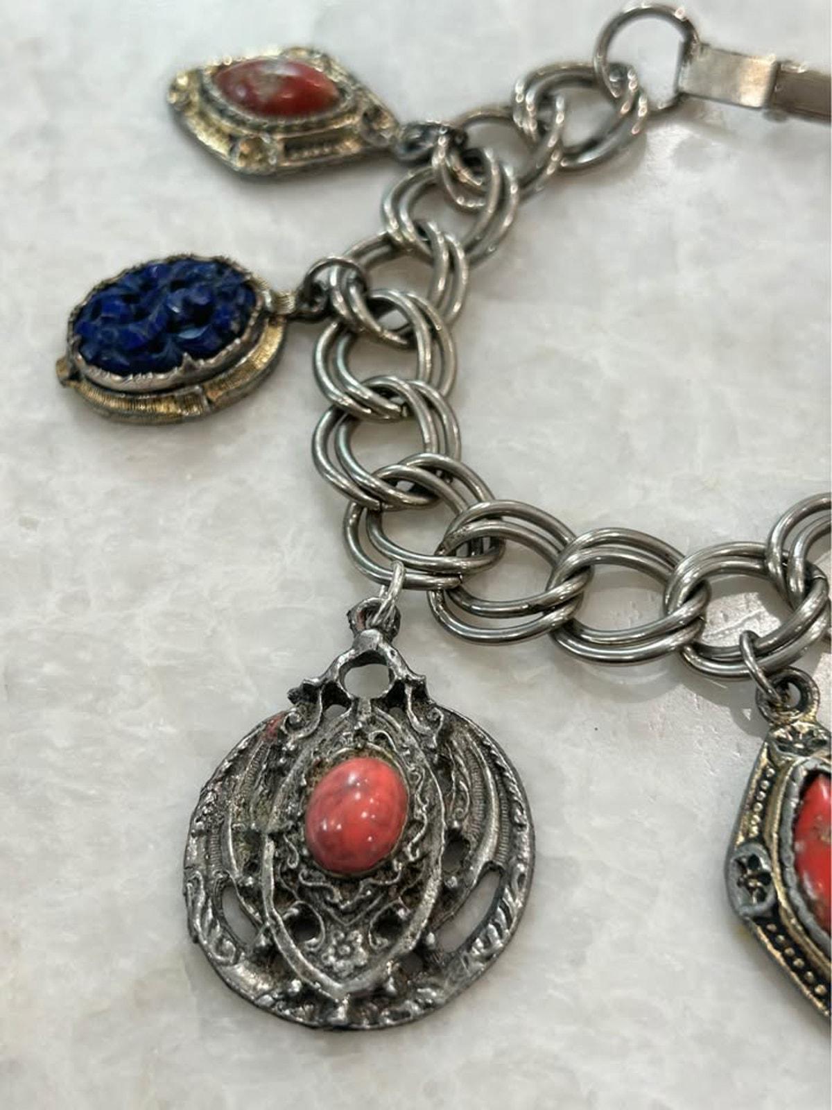 Vintage Mid Century Egyptian Revival Scarab and Intaglio Multi Charm Bracelet