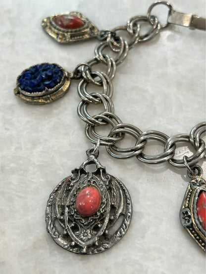 Vintage Mid Century Egyptian Revival Scarab and Intaglio Multi Charm Bracelet
