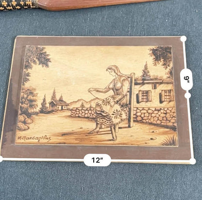 Vintage Lambousa Cyprus Pyrography Art Plaque – Lefkaritika Lace Scene, Signed K. Matsagides