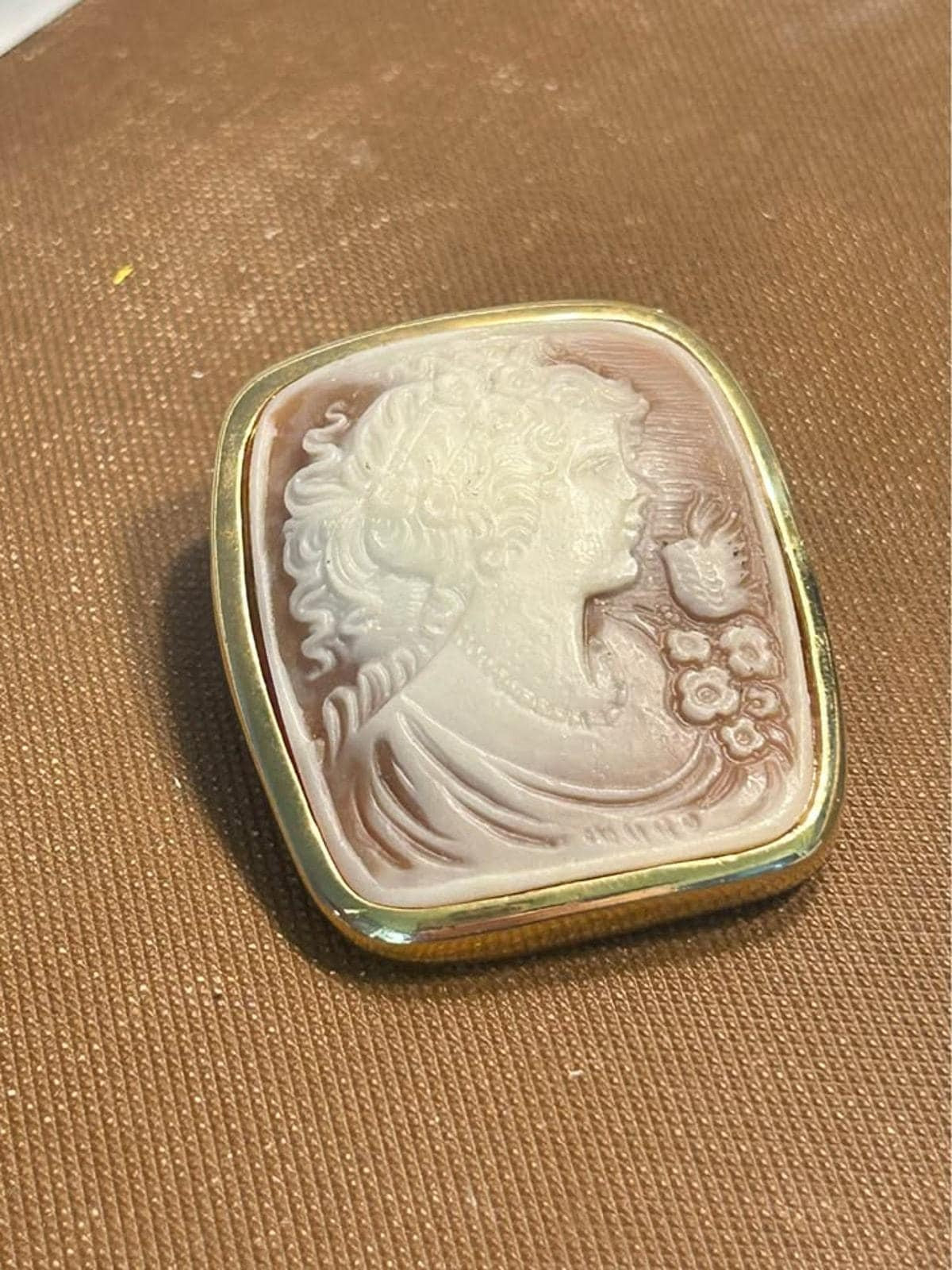 Vintage Victorian Revival Molded Resin Cameo Brooch Pendant - Lady, Bird & Flowers