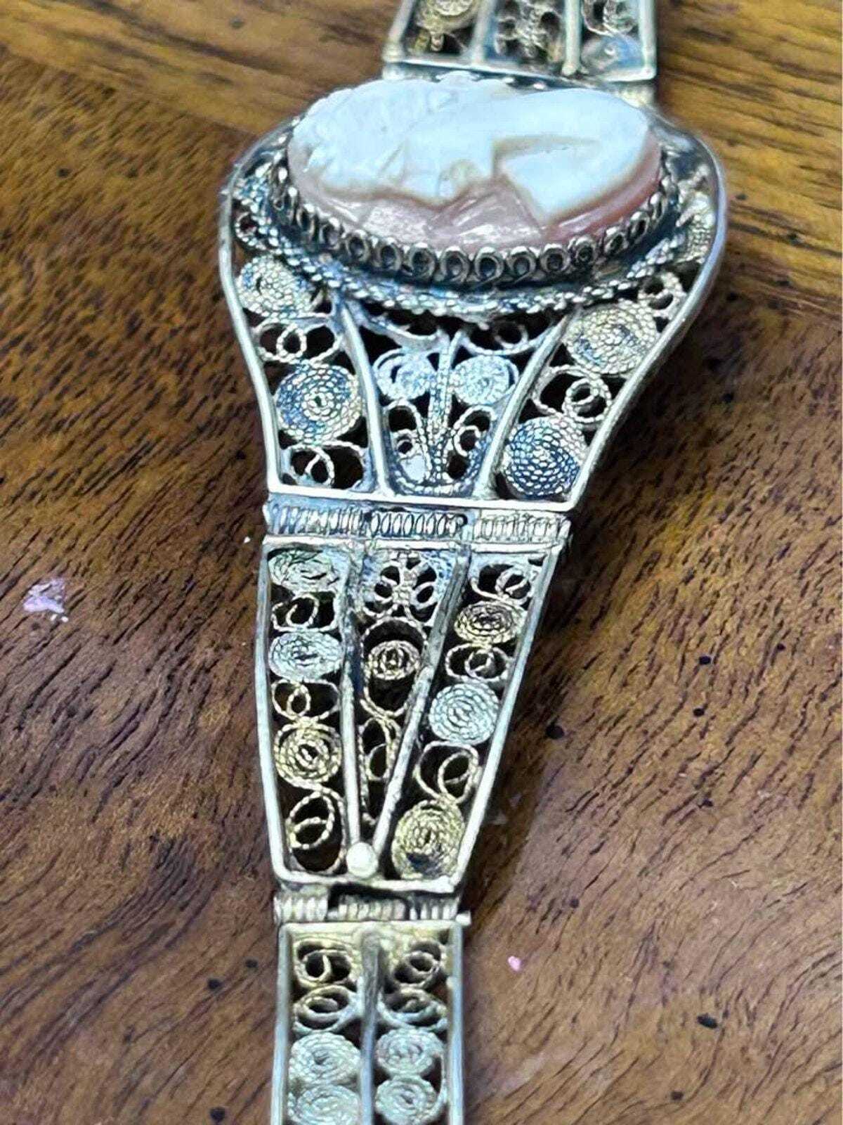Antique Art Deco 800 Silver Filigree Hand Carved Shell Cameo Panel Bracelet