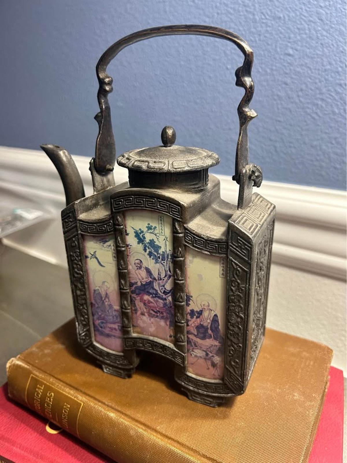 Vintage Chinese Pewter Teapot with Reverse Painted Glass Luohan Panels