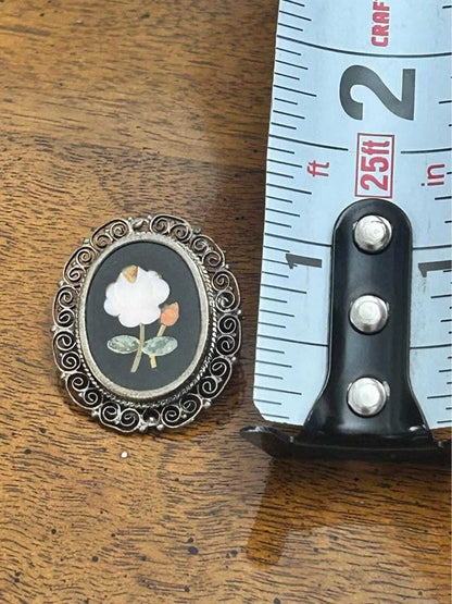 Vintage Italian 800 Silver Pietra Dura Style Floral Shell Inlay Brooch Pendant