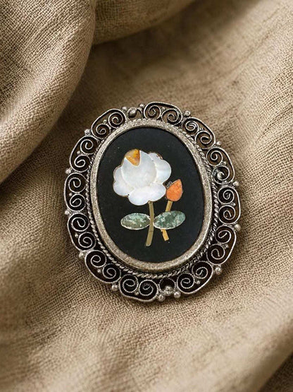 Vintage Italian 800 Silver Pietra Dura Style Floral Shell Inlay Brooch Pendant