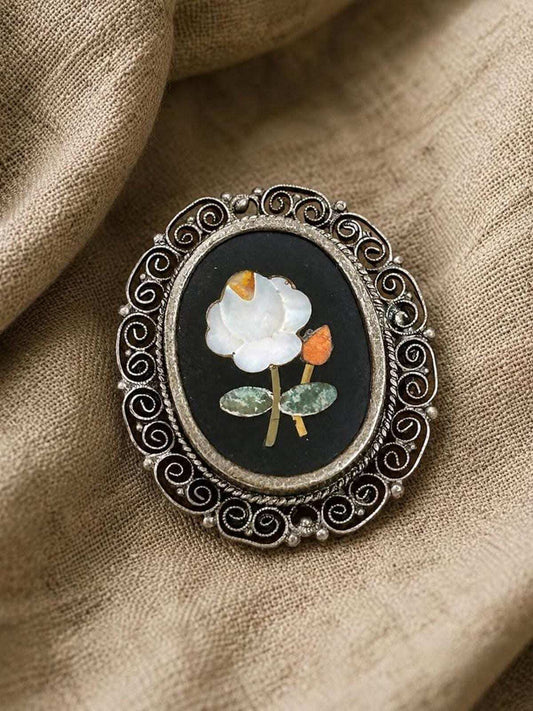 Vintage Italian 800 Silver Pietra Dura Style Floral Shell Inlay Brooch Pendant