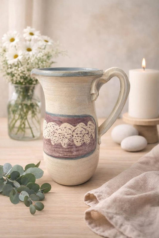 Signed Studio Pottery Pitcher - Vintage Lace Motif
