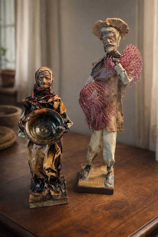 Vintage Mexican Folk Art Set - 16.5" Fisherman & 11.5" Woman - Large Mid-Century Cartonería Paper Ma