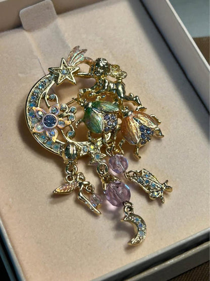 Kirks Folly Fairy Fire Flies Brooch, Vintage Crescent Moon and Cherub Pin, Original Box