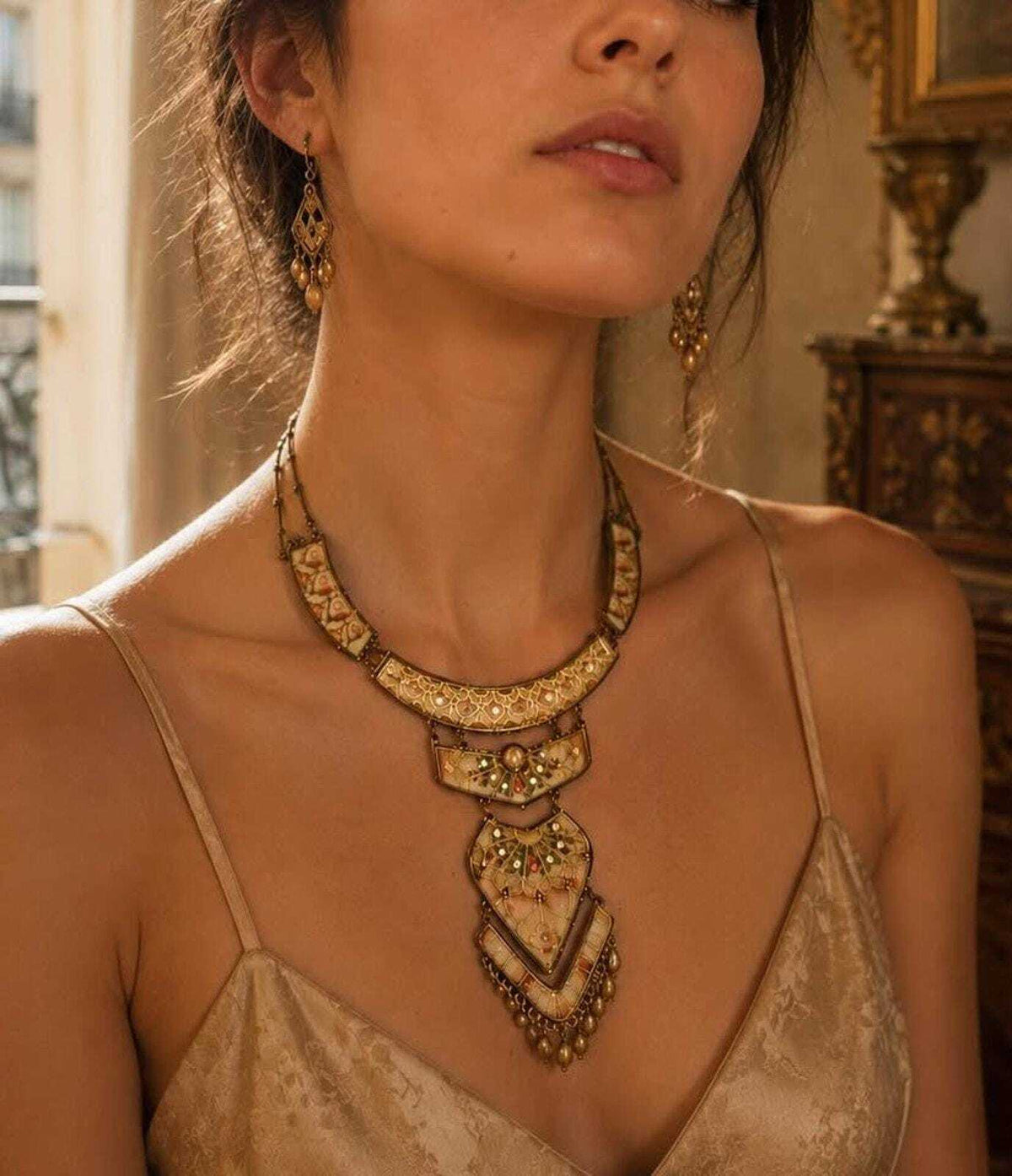 Vintage Michal Negrin Neo-Victorian Floral Crystal Statement Bib Necklace