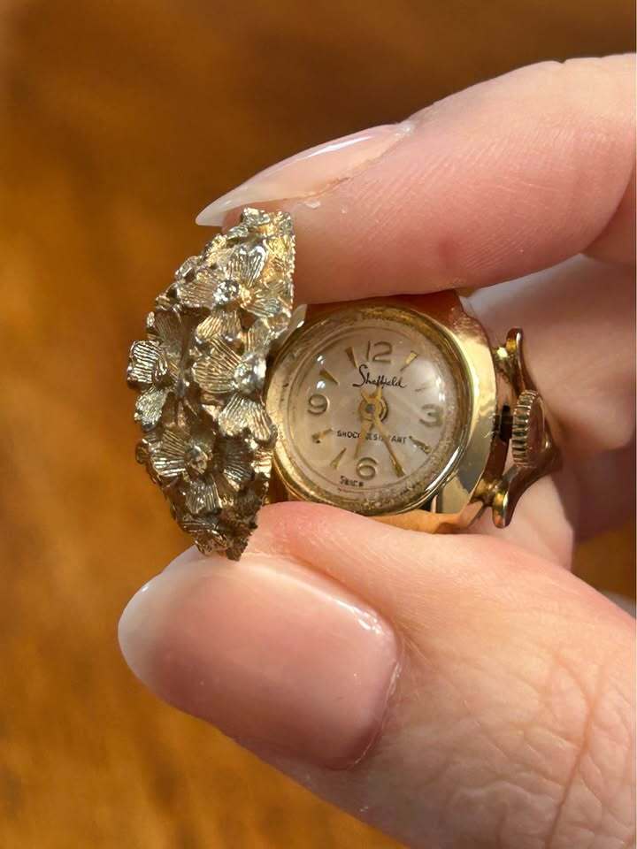 Vintage Sheffield Floral Dome Ring Watch Swiss Made Hidden Timepiece