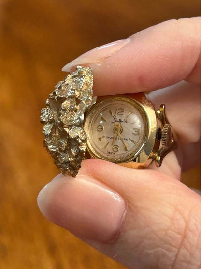 Vintage Sheffield Floral Dome Ring Watch Swiss Made Hidden Timepiece