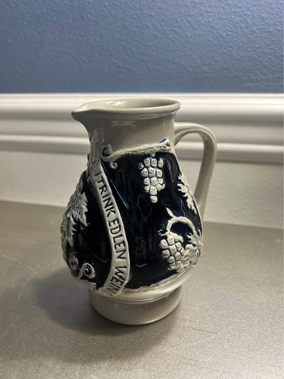 Vintage West German Cobalt Salt-Glazed Stoneware Wine Pitcher Pair
