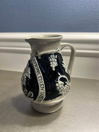 Vintage West German Cobalt Salt-Glazed Stoneware Wine Pitcher Pair