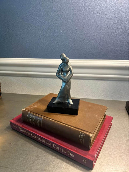 L. Chanin Abstract Pewter Couple Sculpture | Modernist Lovers Statue, Black Stone Base