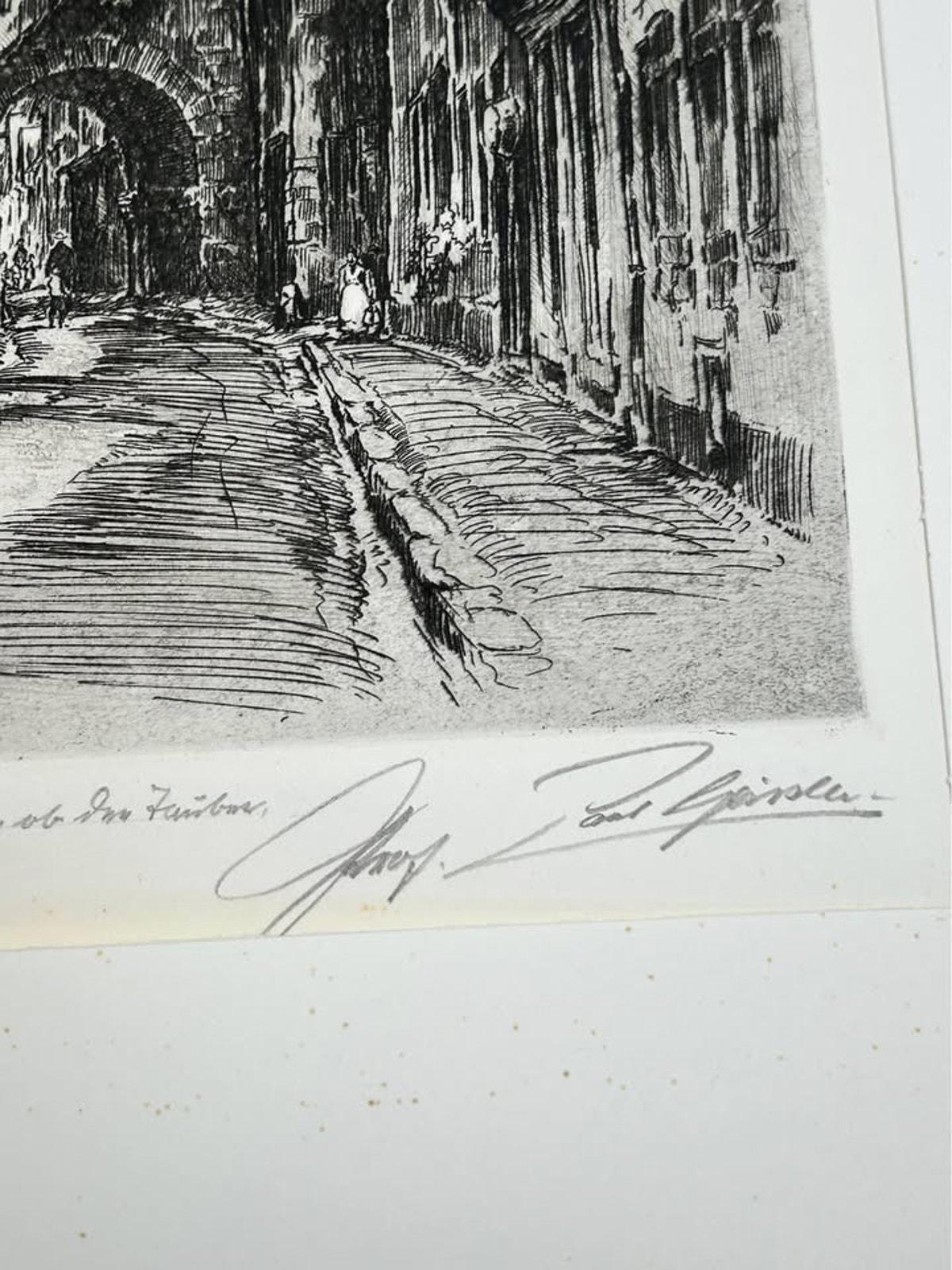 Antique Paul Geissler Original Pencil Signed Architectural Etchings Rothenburg and Nuremberg Pair