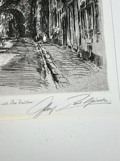 Antique Paul Geissler Original Pencil Signed Architectural Etchings Rothenburg and Nuremberg Pair